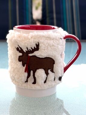 St. Nicholas Square Red & White Ceramic Mug with Faux Fur Moose Appliqué Sleeve